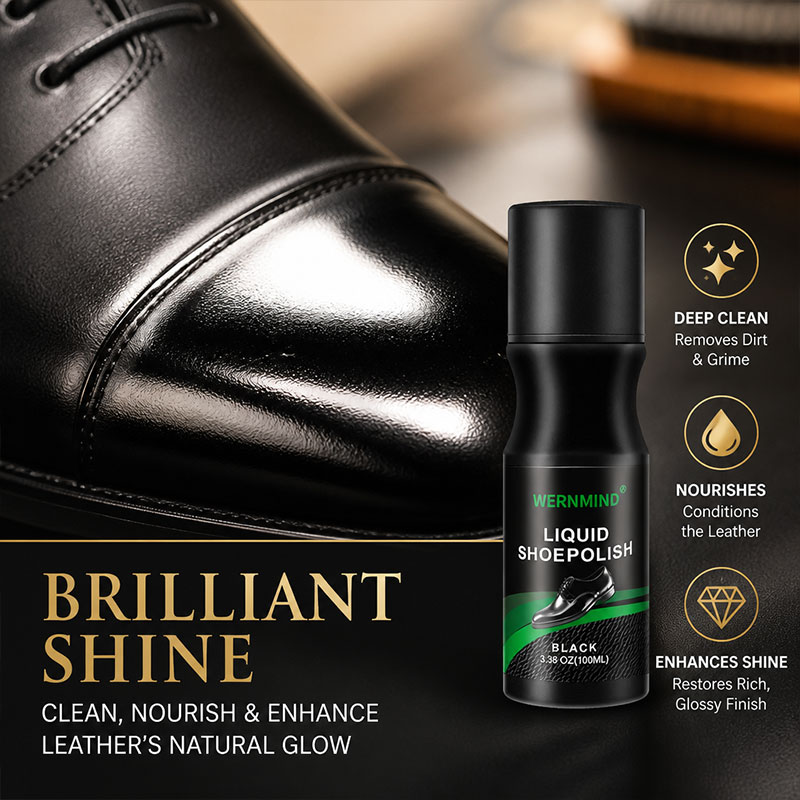 Sneaker Care Tips - スポンジチップ付きの黒色液体靴磨き — レザーシューズのお手入れ、メンテナンス、そして光沢のある輝きを付与するために